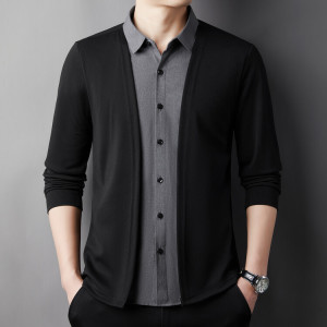 2024 Autumn New Men's False Two Pieces Shirt Collar T shirt Knitted Cardigan Casual Business Sweater Coat Men's Clothing